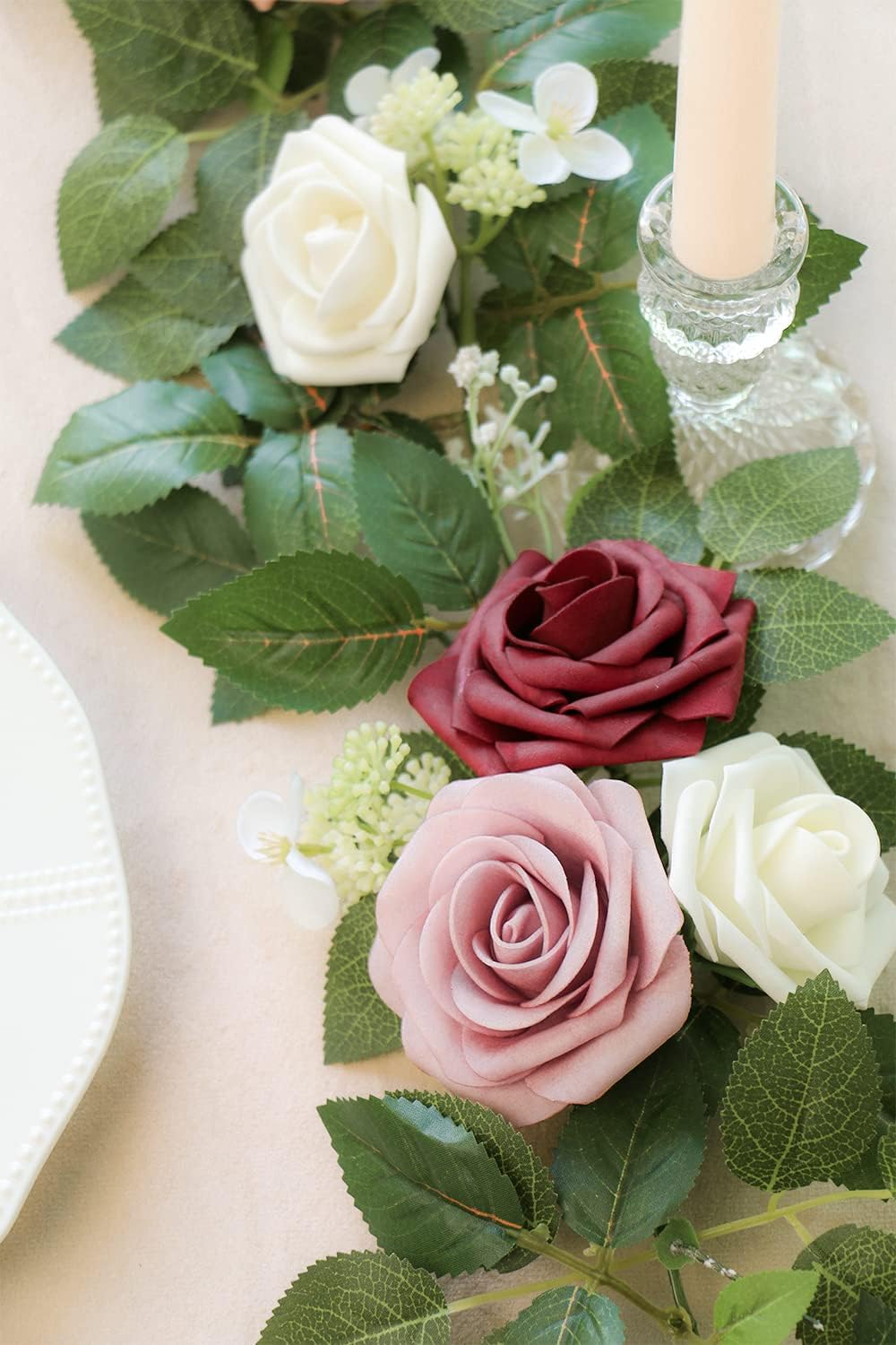 PONATIA 5FT Burgundy Artificial Flowers Garland, Dusty Rose Flowers Garland for Wedding Ceremony