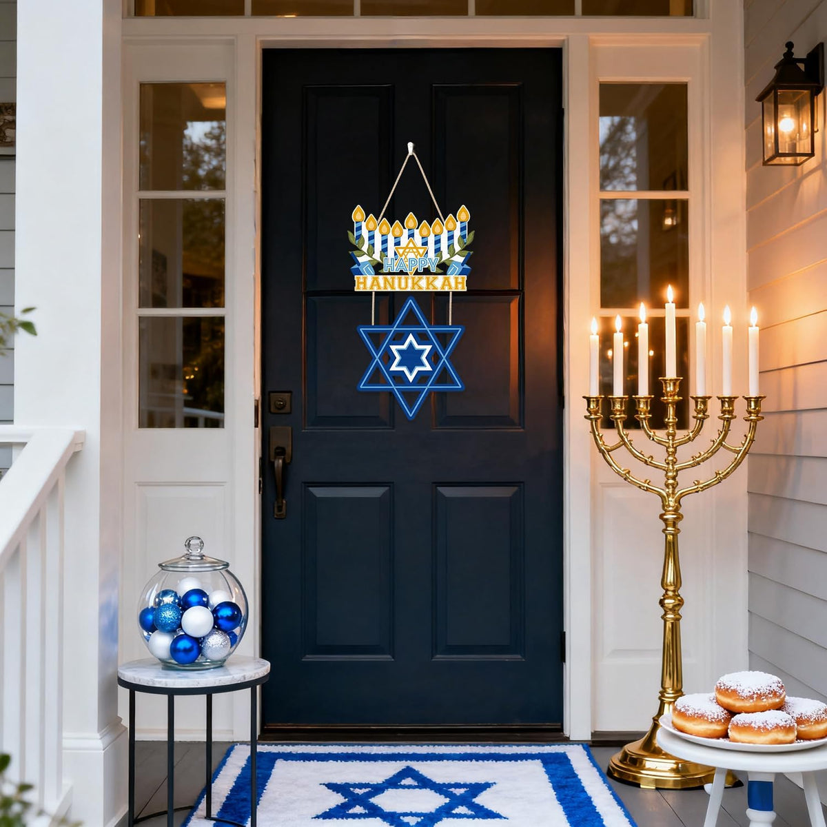 CHDITB Happy Hanukkah Shalom Front Door Sign(12"x20"), Wooden Jewish Festival of Light Blue Menorah