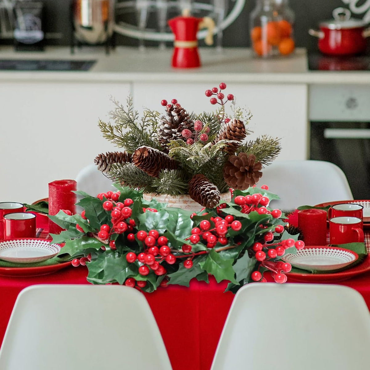 Uguisu 5.6ft Red Artificial Christmas Garland,Eucalyptus Green Garland with Berry Flower