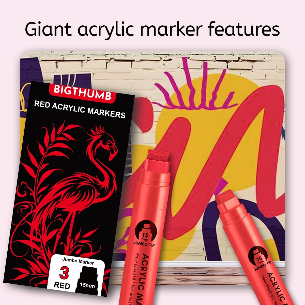 3 Pcs Red Jumbo Permanent Markers: 15mm Wide Tip Thick Acrylic Paint Pen Large Calligraphy Marker