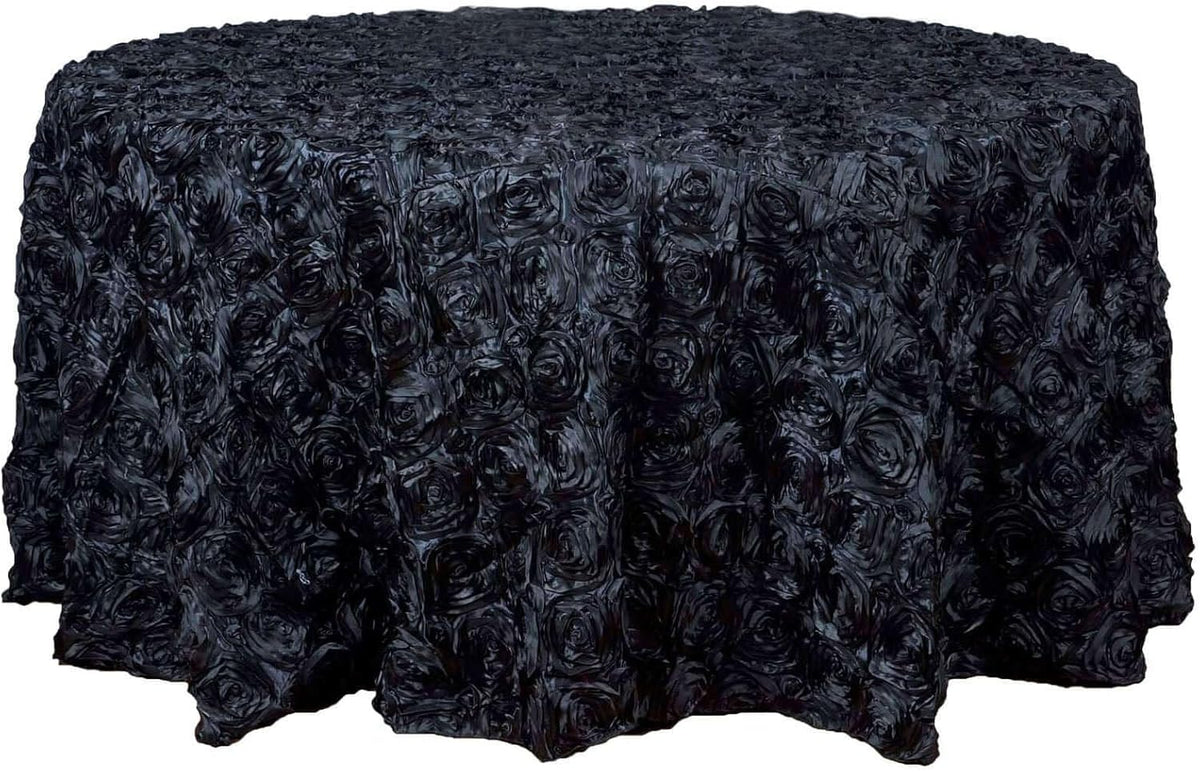 Efavormart 120" Wholesale Round Table Cover Black Grandiose Rosette 3D Satin Tablecloth for Wedding