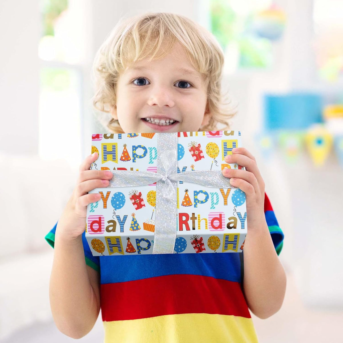 Aimyoo Blue Birthday Wrapping Paper Roll - 17 Inch X 16.4 Feet - Gold Foil Happy Birthday Lettering
