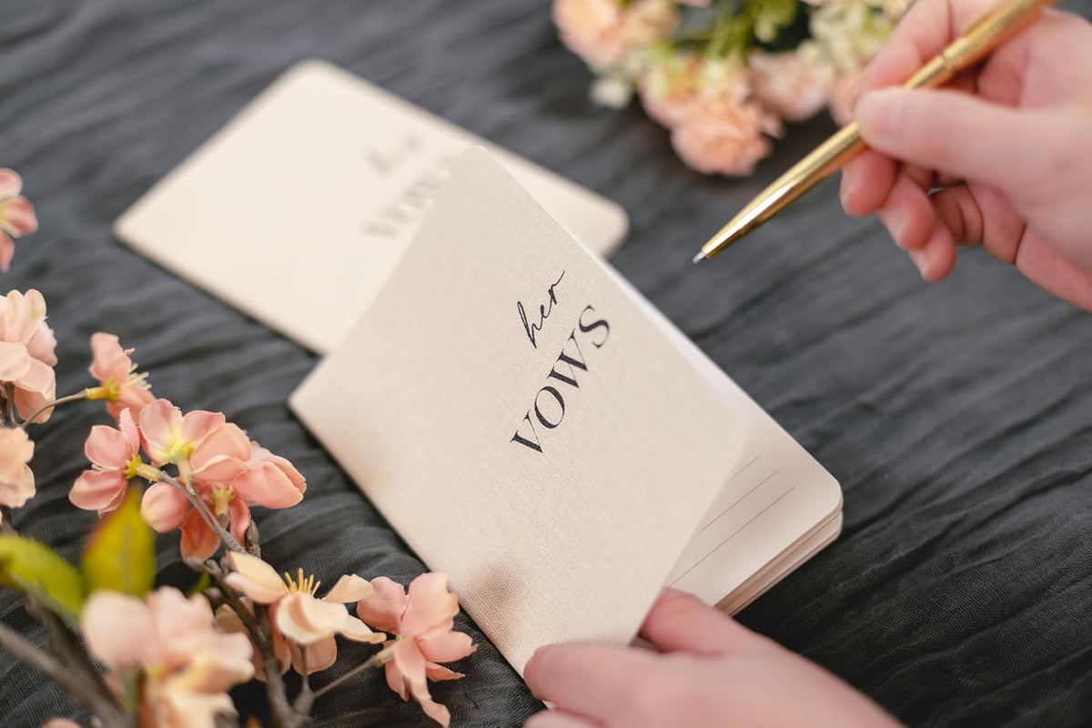 Slim Vow Books (Set of 2 - Design 1) - Soft Cream Canvas Linen Textured Cover Wedding Vow Booklets