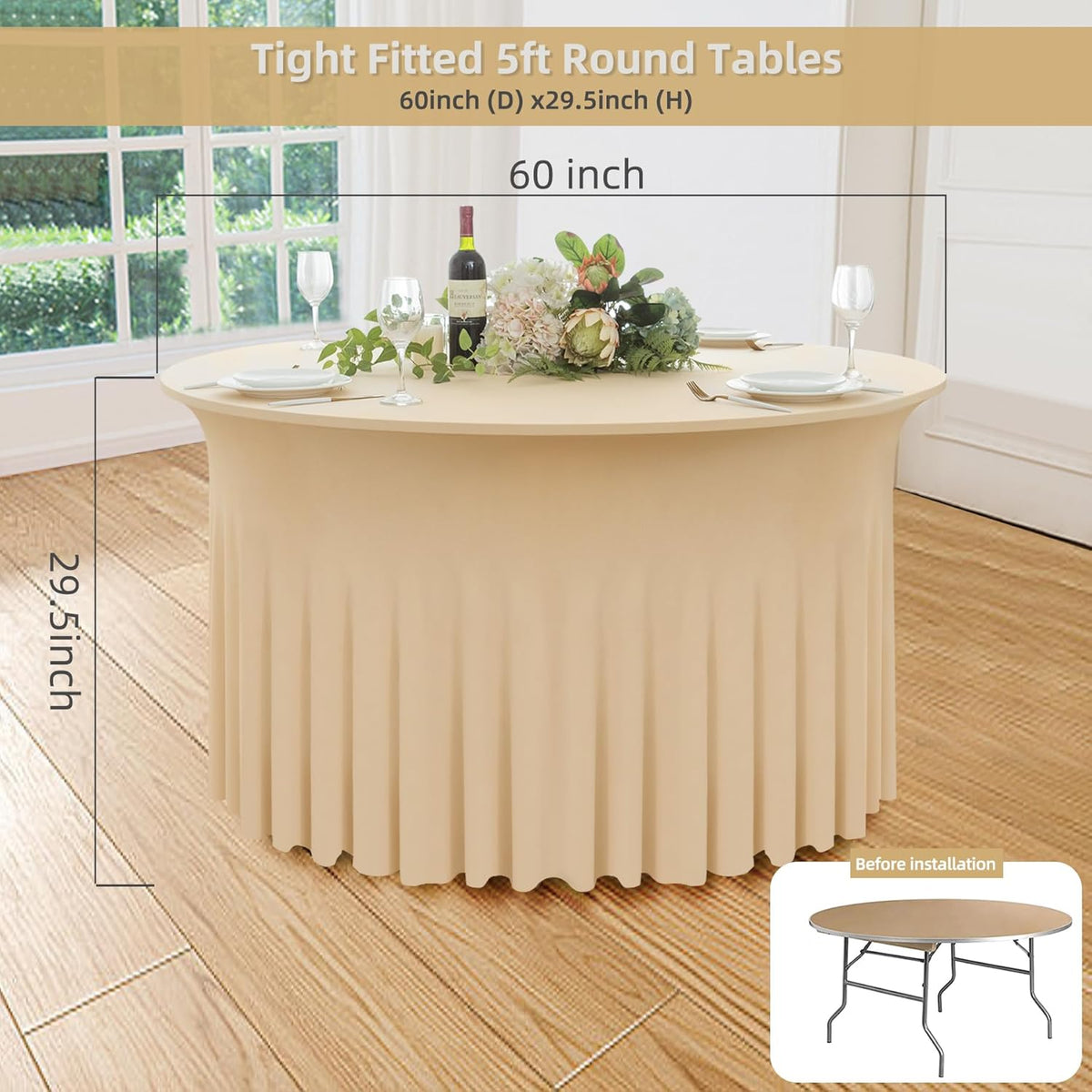 6 Pack Champagne Round Spandex Tablecloth 60 Inch, Wrinkle Free Stretch 120 Inch Fitted 5ft