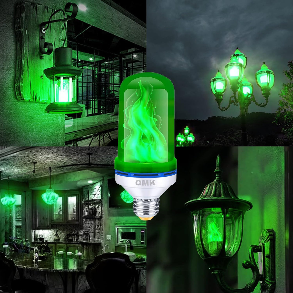 OMK - Christmas Decorations LED Flame Effect Light Bulbs - Upgraded 4 Modes Green Fire Simulated