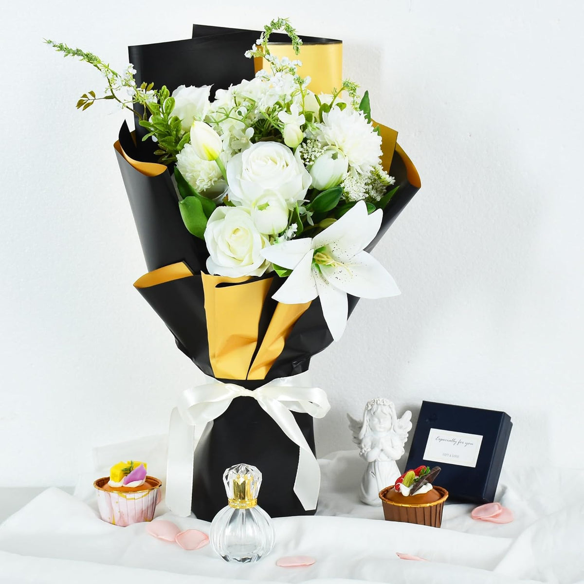 BEISHIDA 20Pcs Black and Gold Double Sided Floral Wrapping Paper Matte Waterproof Flower Bouquet