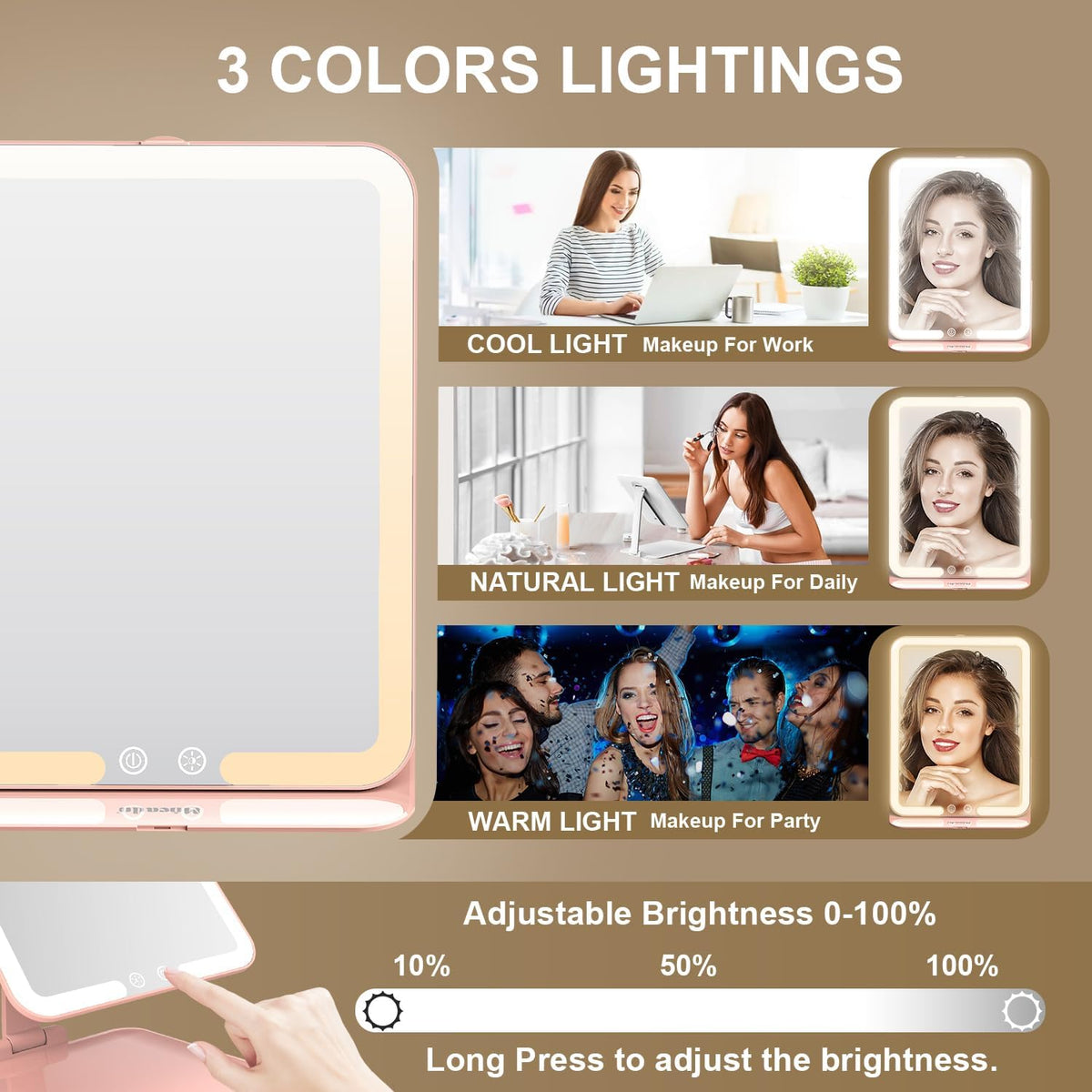 Mocado Travel Makeup Mirror with Light, Tripple Folding Vanity Mirror with Lights, 3 Colors Lighted