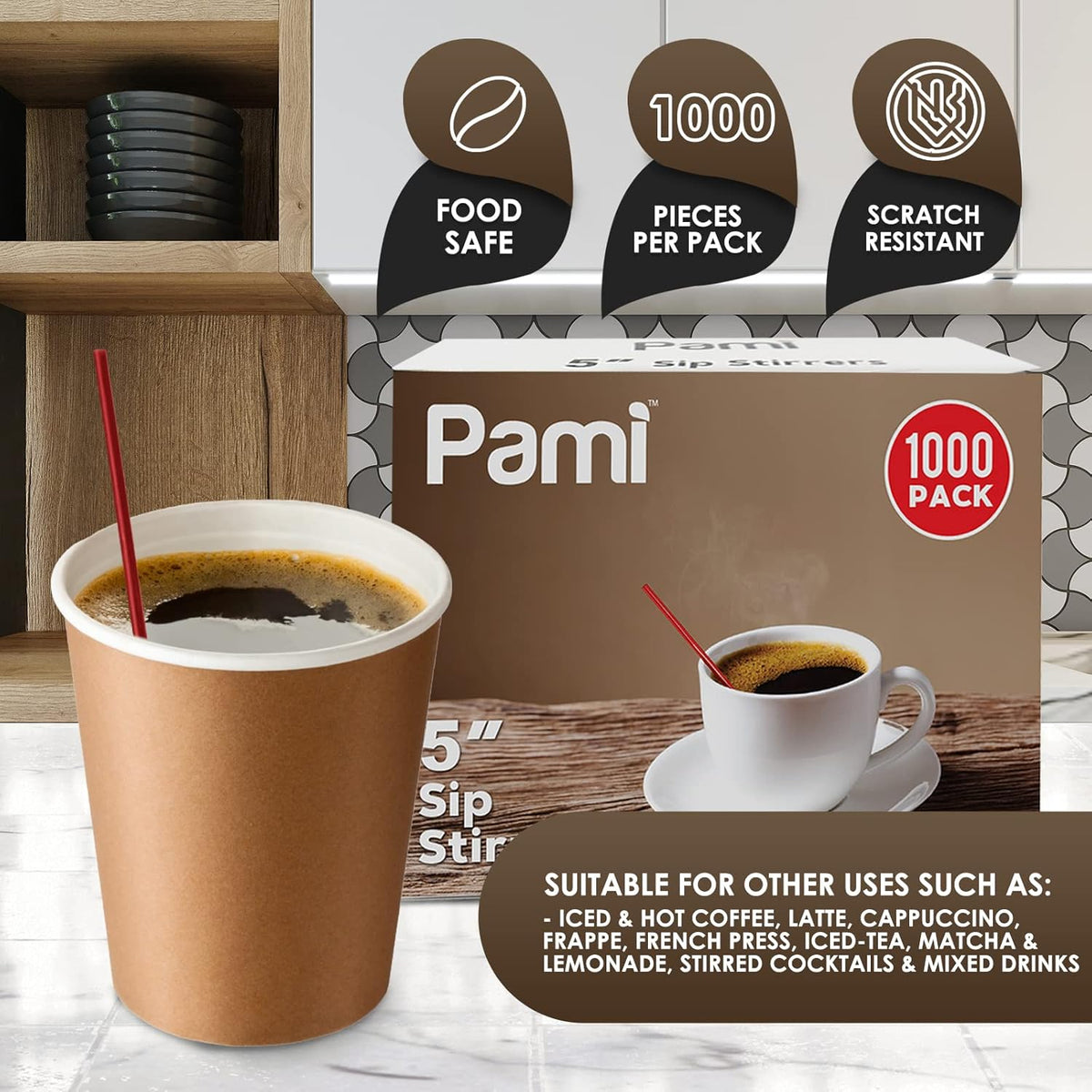 PAMI Disposable 5in Plastic Sip Stirrers/Straws, Value Pack of 1000 Stirring Sticks for Hot & Cold