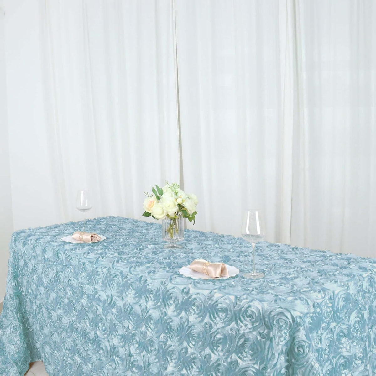 Efavormart 90"x132" Wholesale Rectangle Table Cover Light Blue Grandiose Rosette 3D Satin