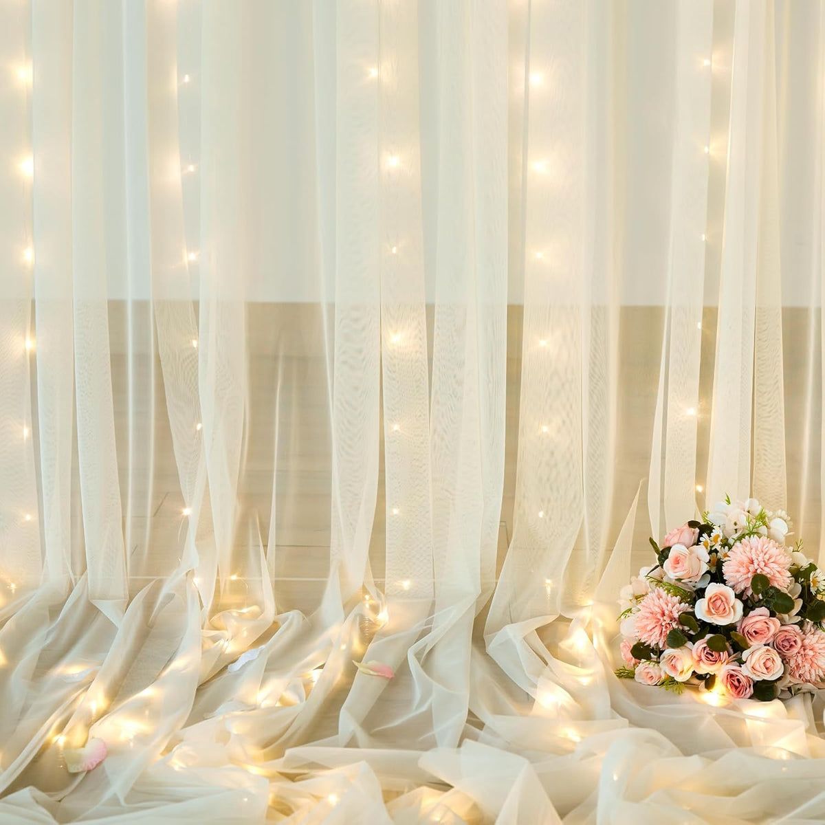 Ivory Sheer Backdrop Curtains with Lights String for Parites Wedding 10×8ft Tulle Backdrop Curtains
