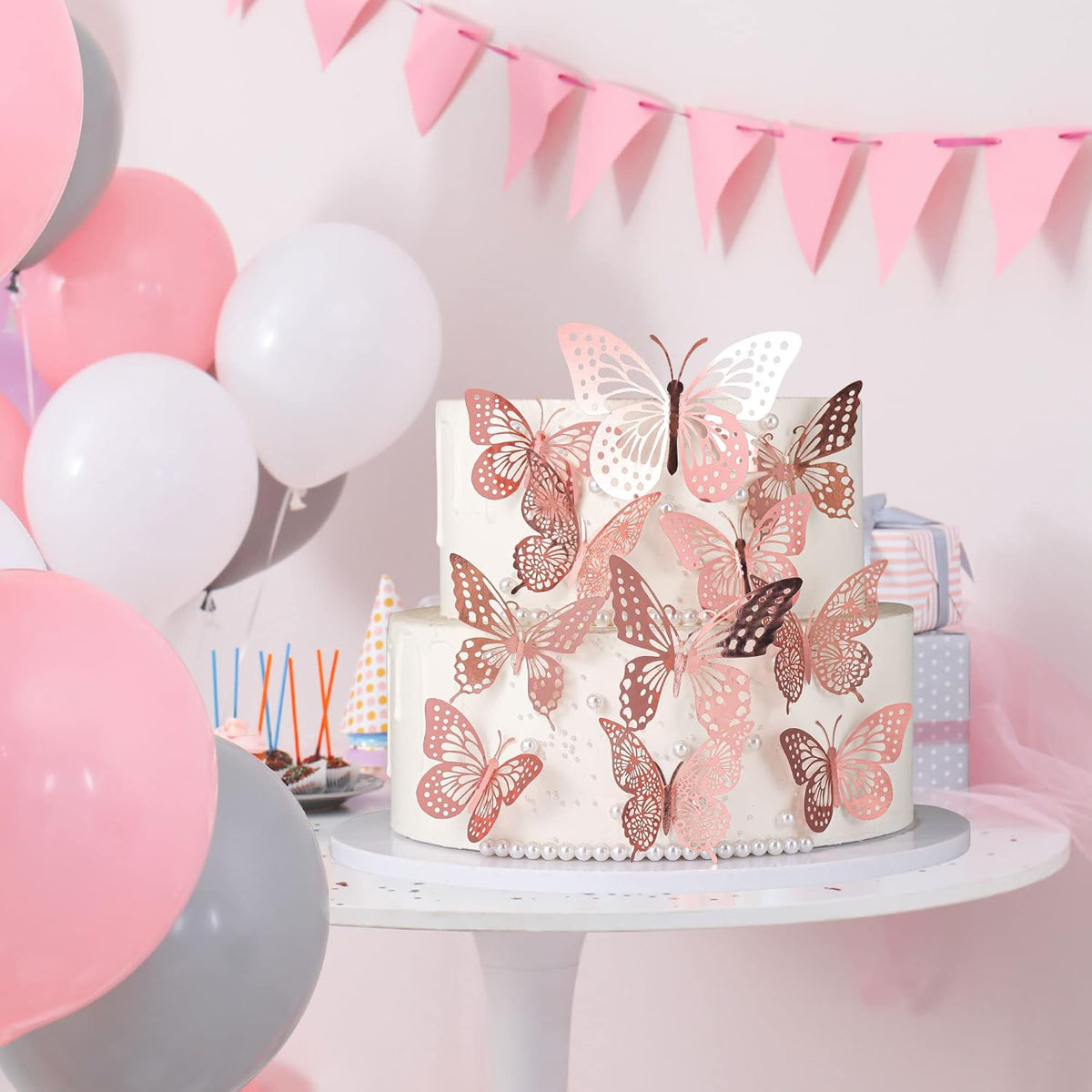 Gyufise 36 Pack Rose Gold Glitter 3D Cupcake Toppers - Hollow Butterfly Cake Decorations for