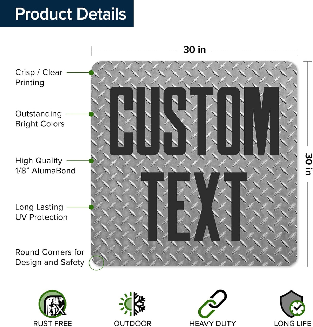 Custom Sign, Custom Street Sign, 11 Font Colors, 13 Font Styles, 4 Hole Options, 22 Sizes, 30x30