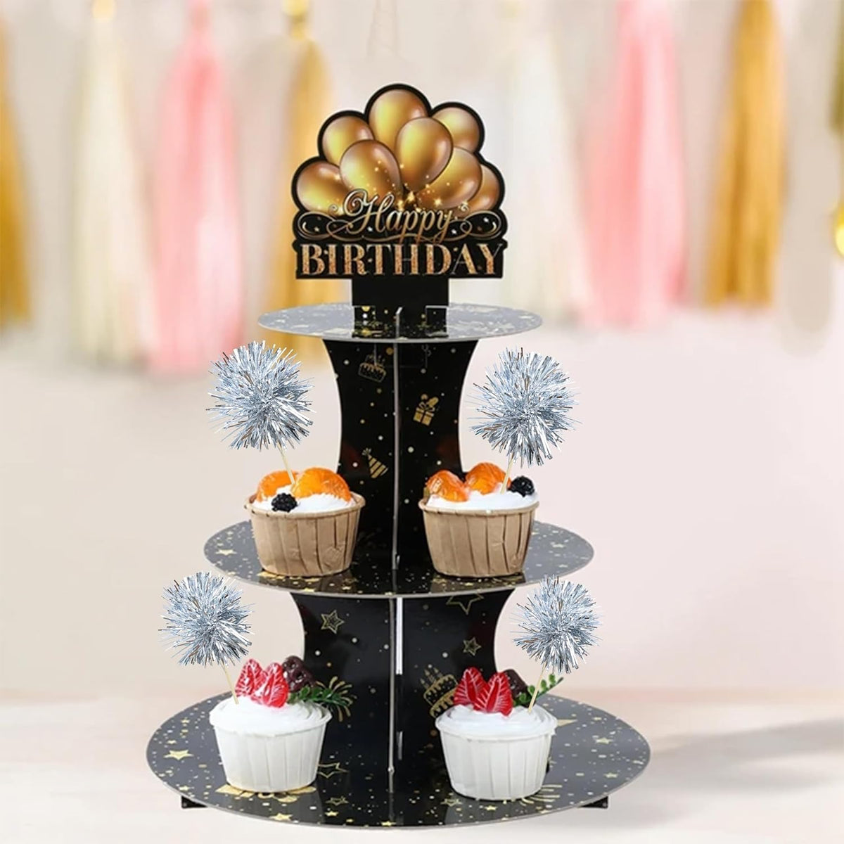 Ephlyn 30Pcs Foil Firework Cupcake Toppers Sparkle Tinsel Cupcake Picks Happy Birthday Cake Toppers