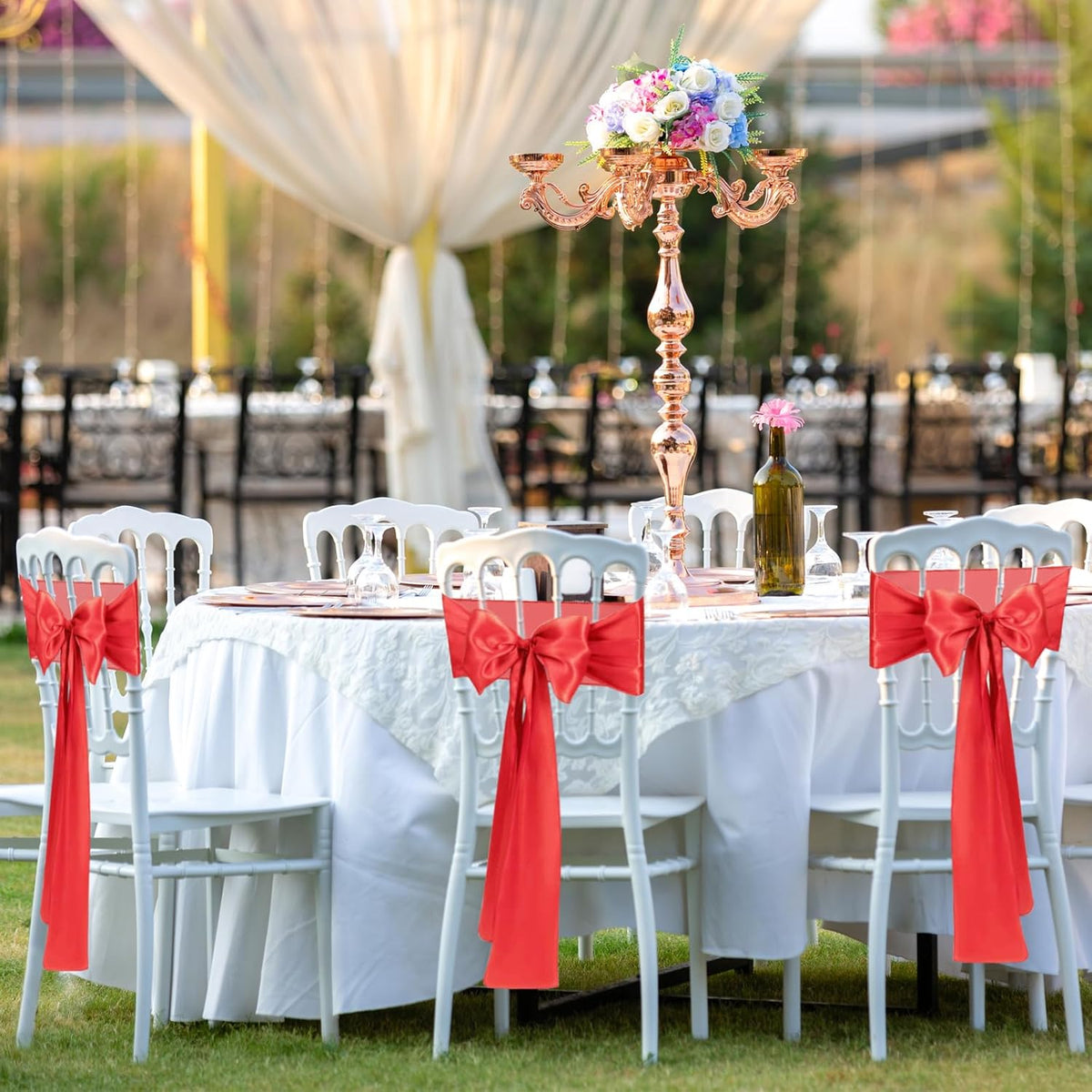 10 PCS Red Satin Chair Sashes Bows Universal Chair Ribbon Ties Back Sash for Wedding Party