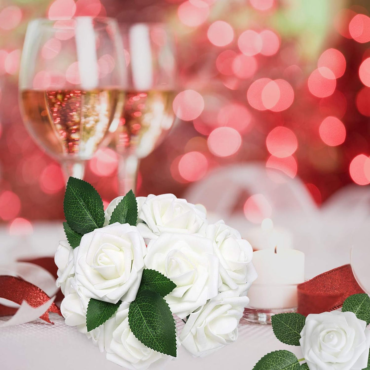AmyHomie Artificial Flowers White Rose 100pcs Real Looking Fake Roses w/Stem for DIY Wedding