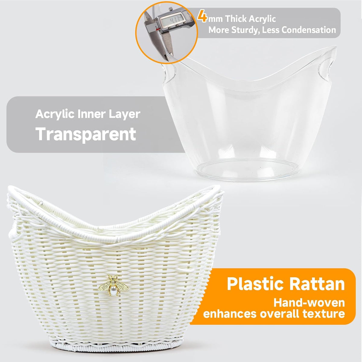 Lexenic Ice Bucket with Handle Hole, Woven and Acrylic Double Layer Basket Design, 4L Champagne