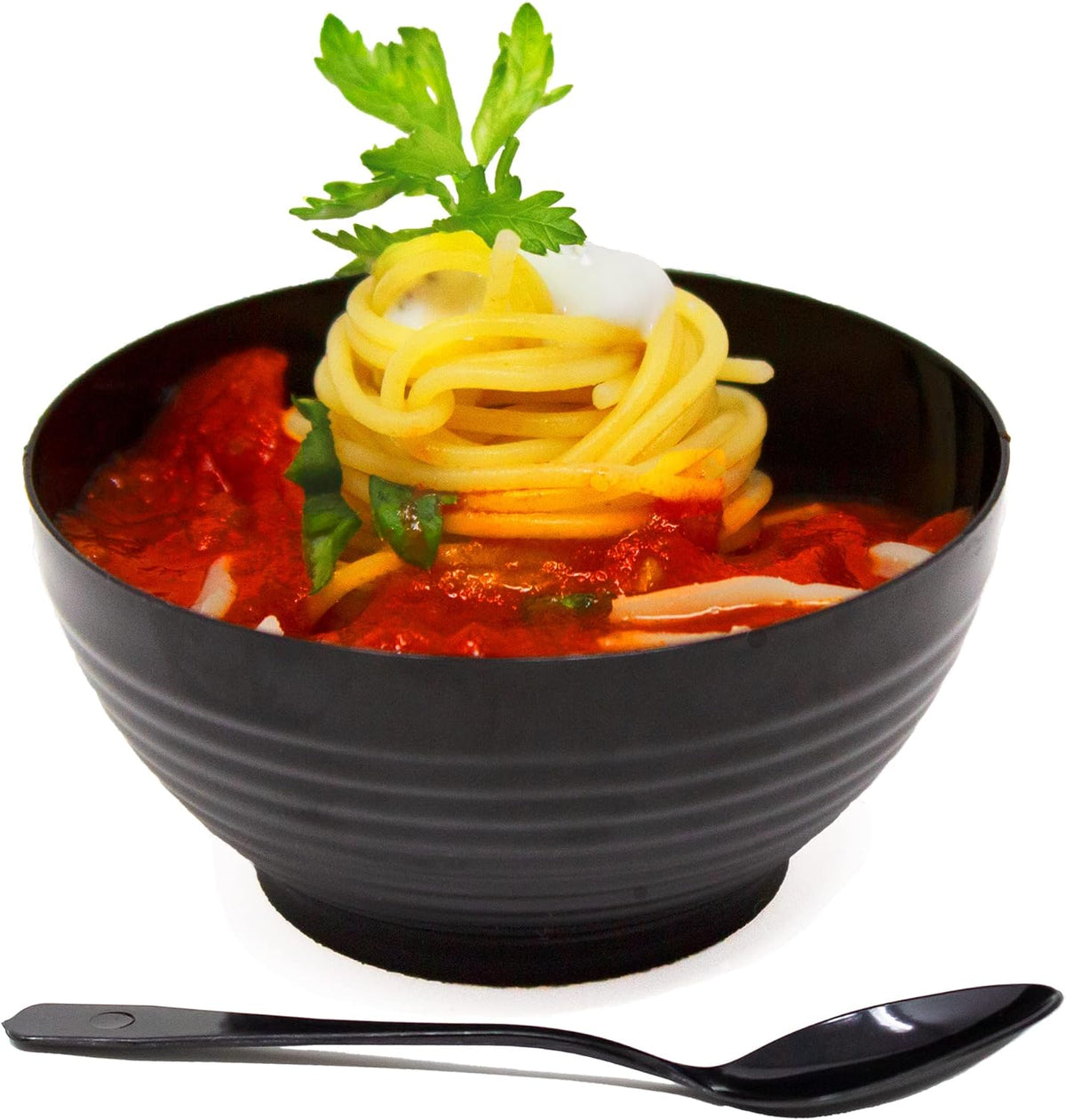 50 Pack 3 oz. Asian-Style Black Mini Plastic Bowl With Spoons For Appetizer Bowls and Disposable