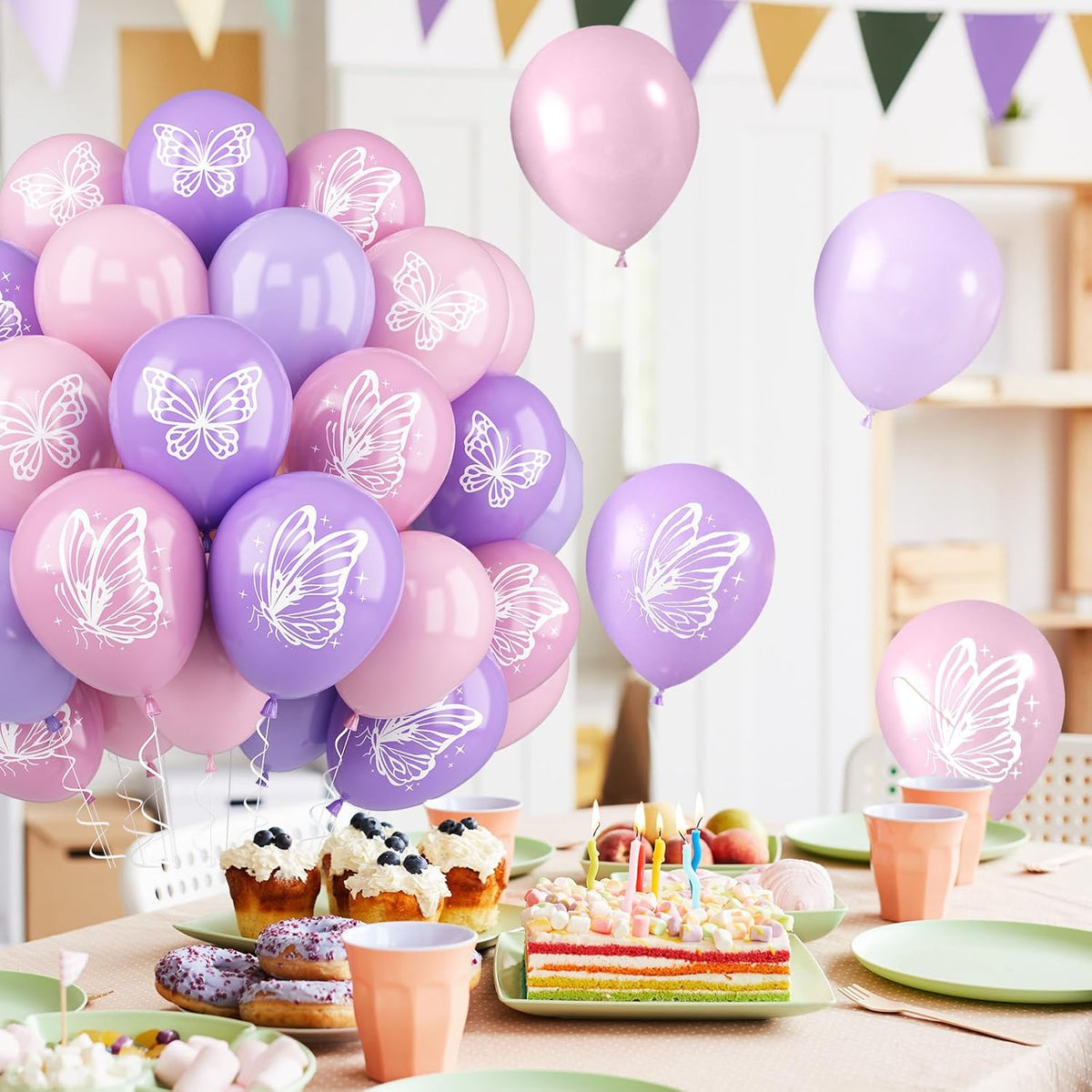 Maca Pink Purple Butterfly Printed Balloons - 52 PCS 12 Inch, Perfect for Baby Shower, Girls'