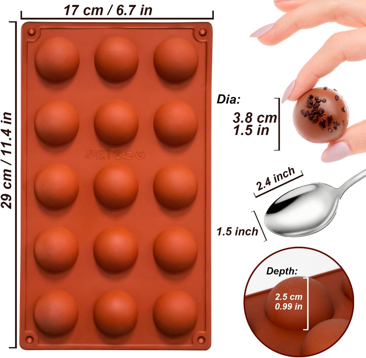 Small 15-Cavity Semi Sphere Silicone Molds Non-Stick,2 Packs Half Sphere Silicone Baking Molds for