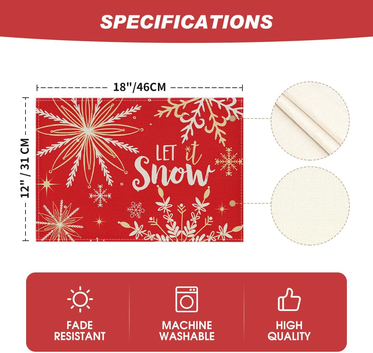 Artoid Mode Red Snowflake Let It Snow Winter Placemats for Dining Table, 12 x 18 Inch Seasonal
