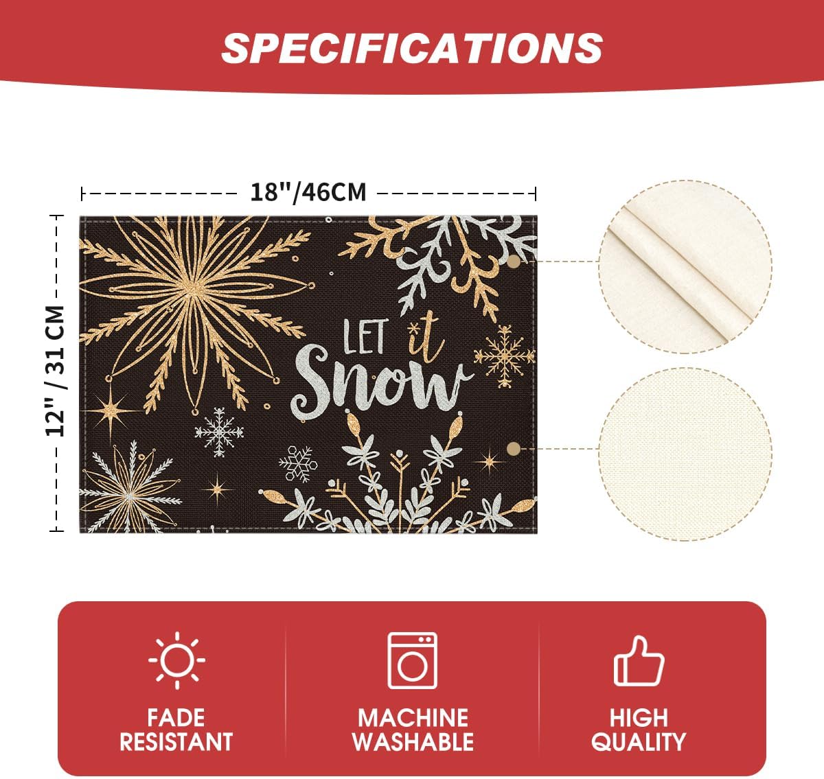 Artoid Mode Black Snowflake Let It Snow Winter Placemats Set of 6, 12x18 Inch Seasonal Christmas