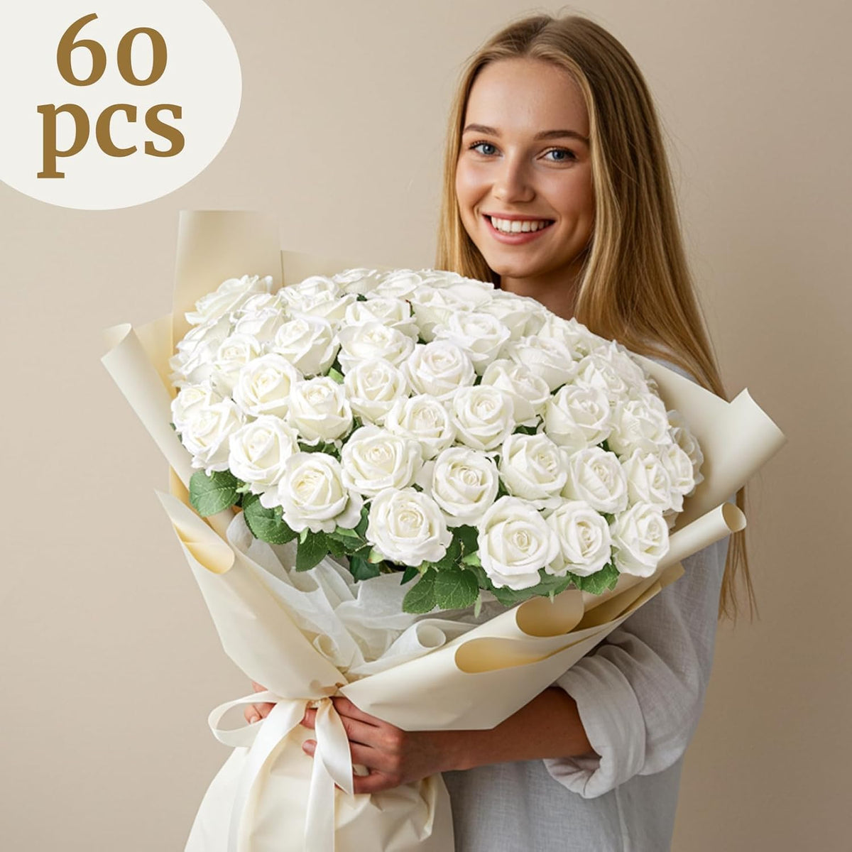 60PCS Artificial Roses Bulk, White Velvet Silk Fake Roses, Realistic White Flowers for Wedding