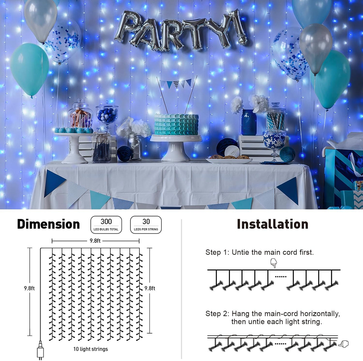 JMEXSUSS 300LED Christmas Curtain Lights Plug in with Remote, Blue and White Christmas Lights