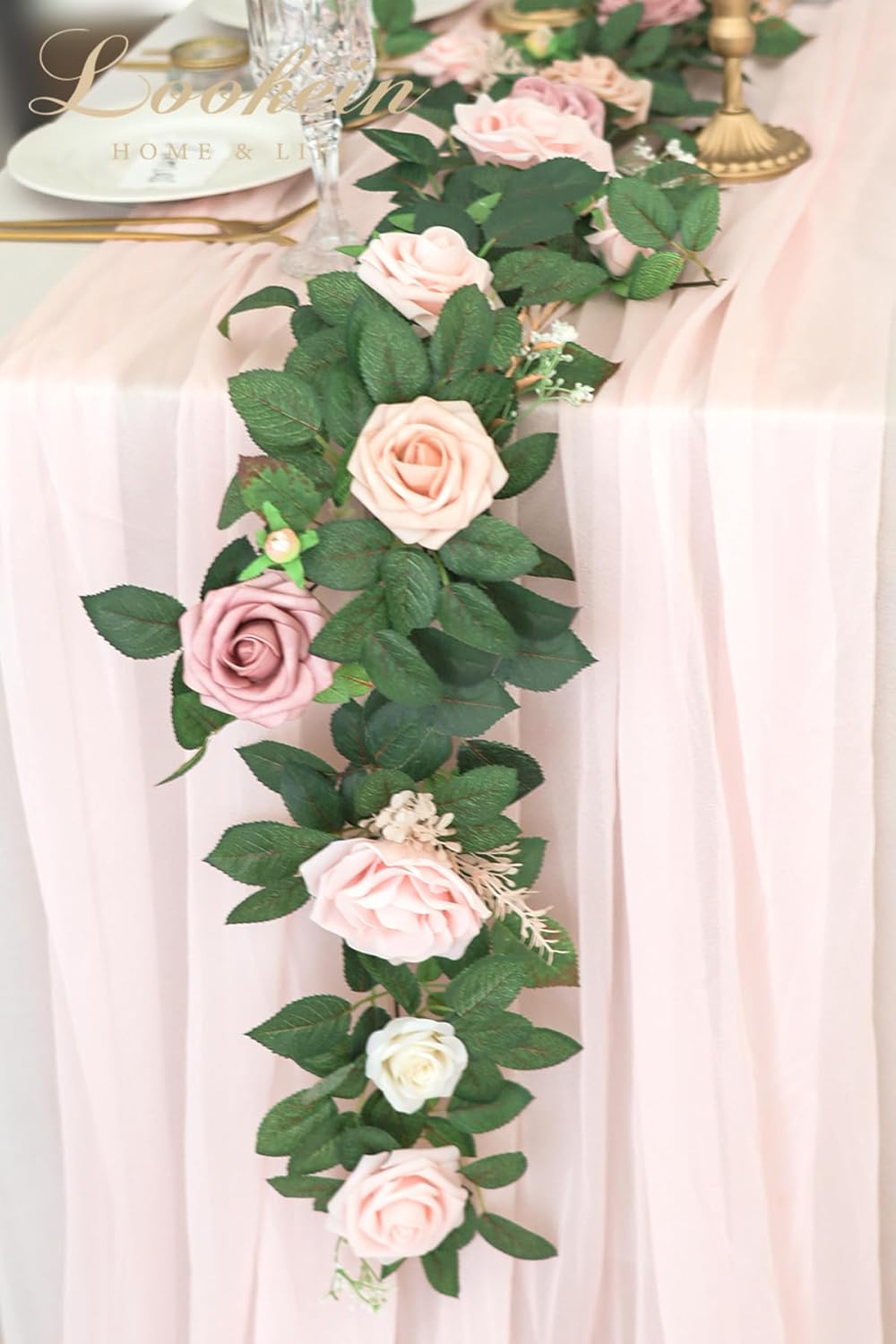 Lookein Artificial Rose Flower Garland Greenery Garland 5FT for Wedding Ceremony Backdrop Arch