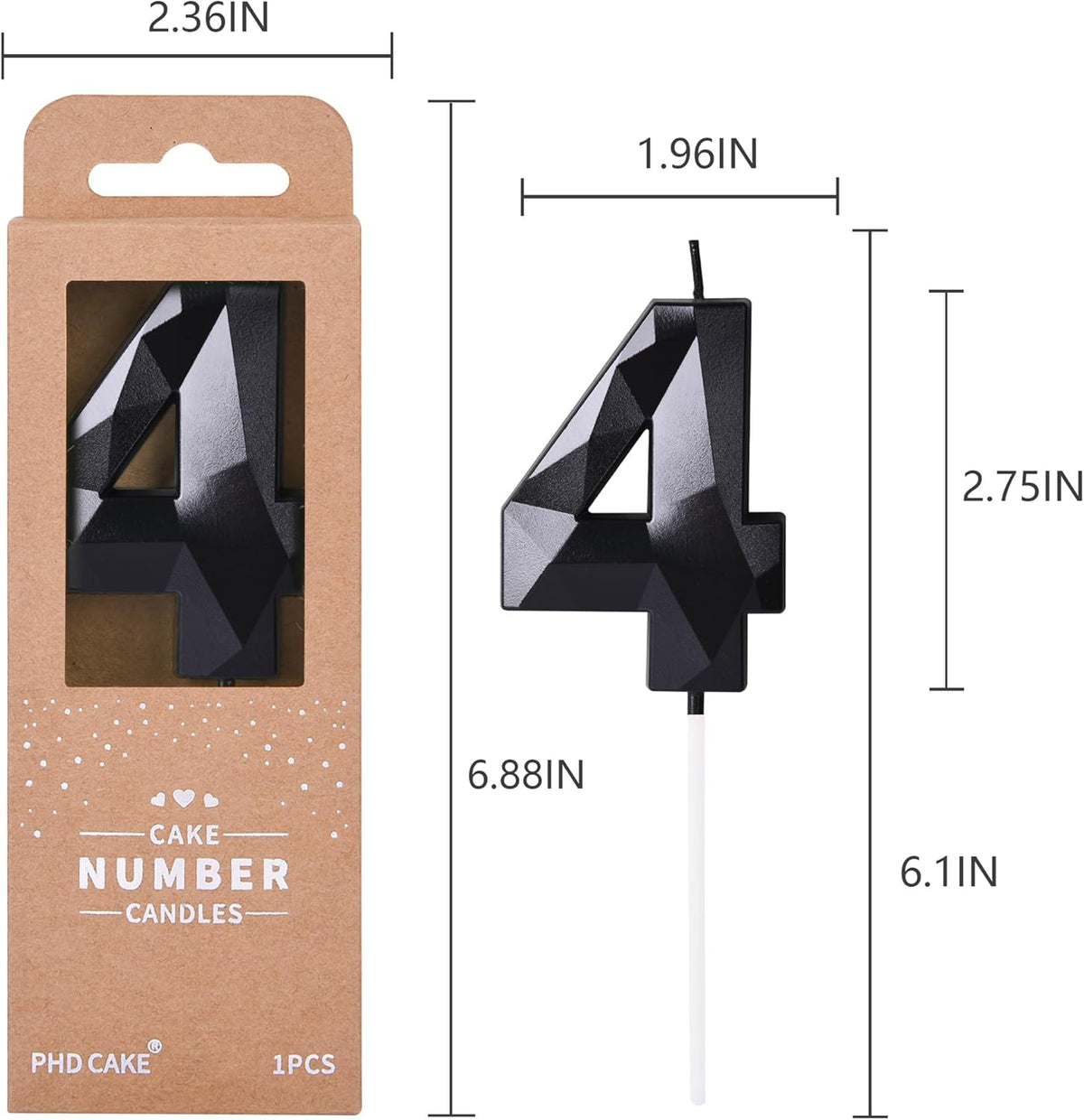 PHD CAKE 2.76 Inch Crystal Black 4 Number Birthday Candles, Black Number Candles, Cake Number