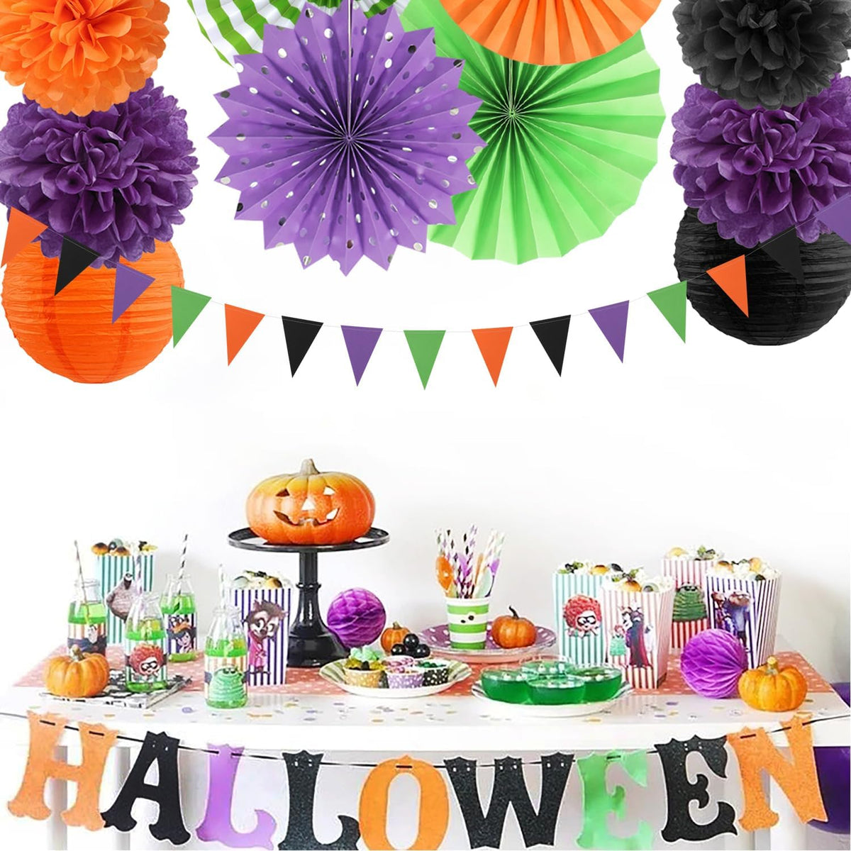 Black Purple Orange-Green Halloween Party-Decorations - 20pcs Paper Lanterns Fans,Tissue Pom