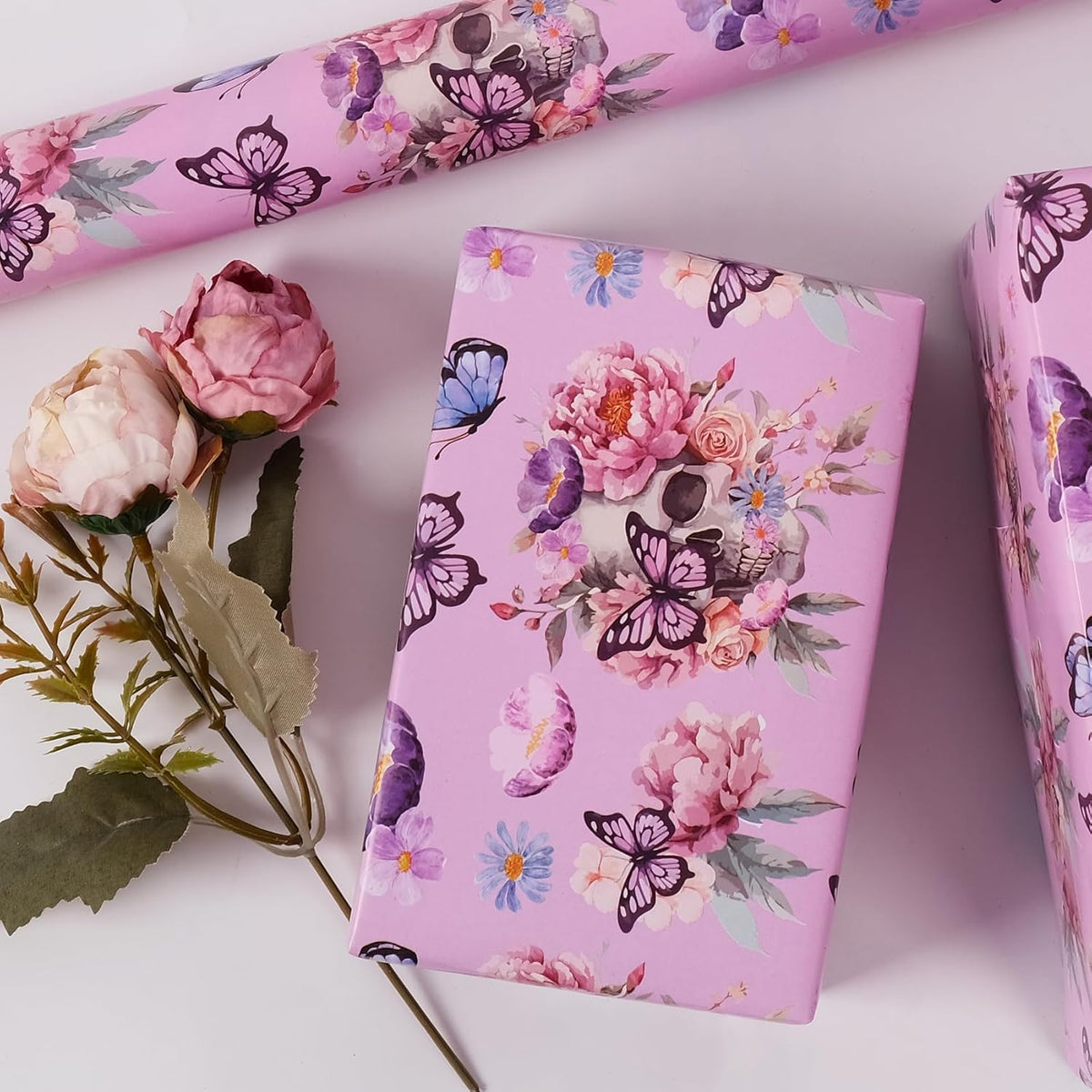 Aimyoo Gothic Wrapping Paper Roll, 17 Inch X 16.5 Feet Skull Floral Butterfly Design Gift Wrap