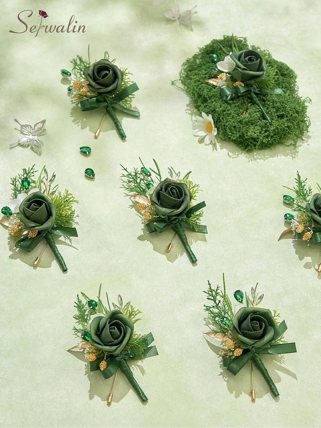 Serwalin 10Pcs Boutonniere for Men, Green Groom and Best Man Boutonniere, Artificial Flowers for