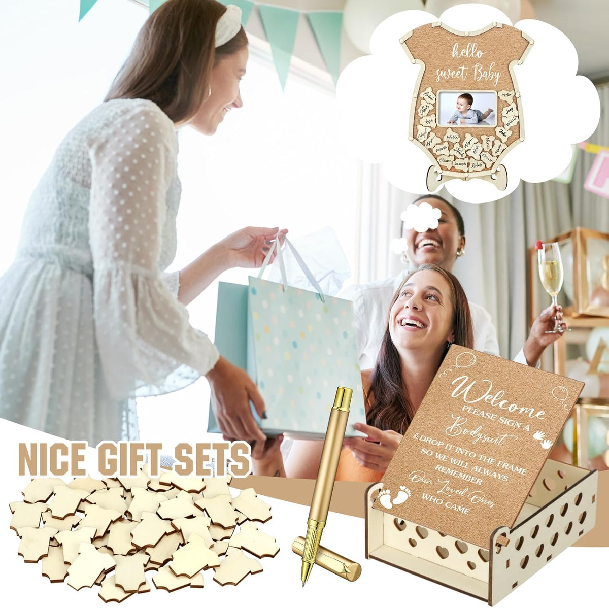 Wenqik 63 Pcs Bodysuit Baby Shower Guest Book Alternatives Set Baby Shower Decorations with Photo
