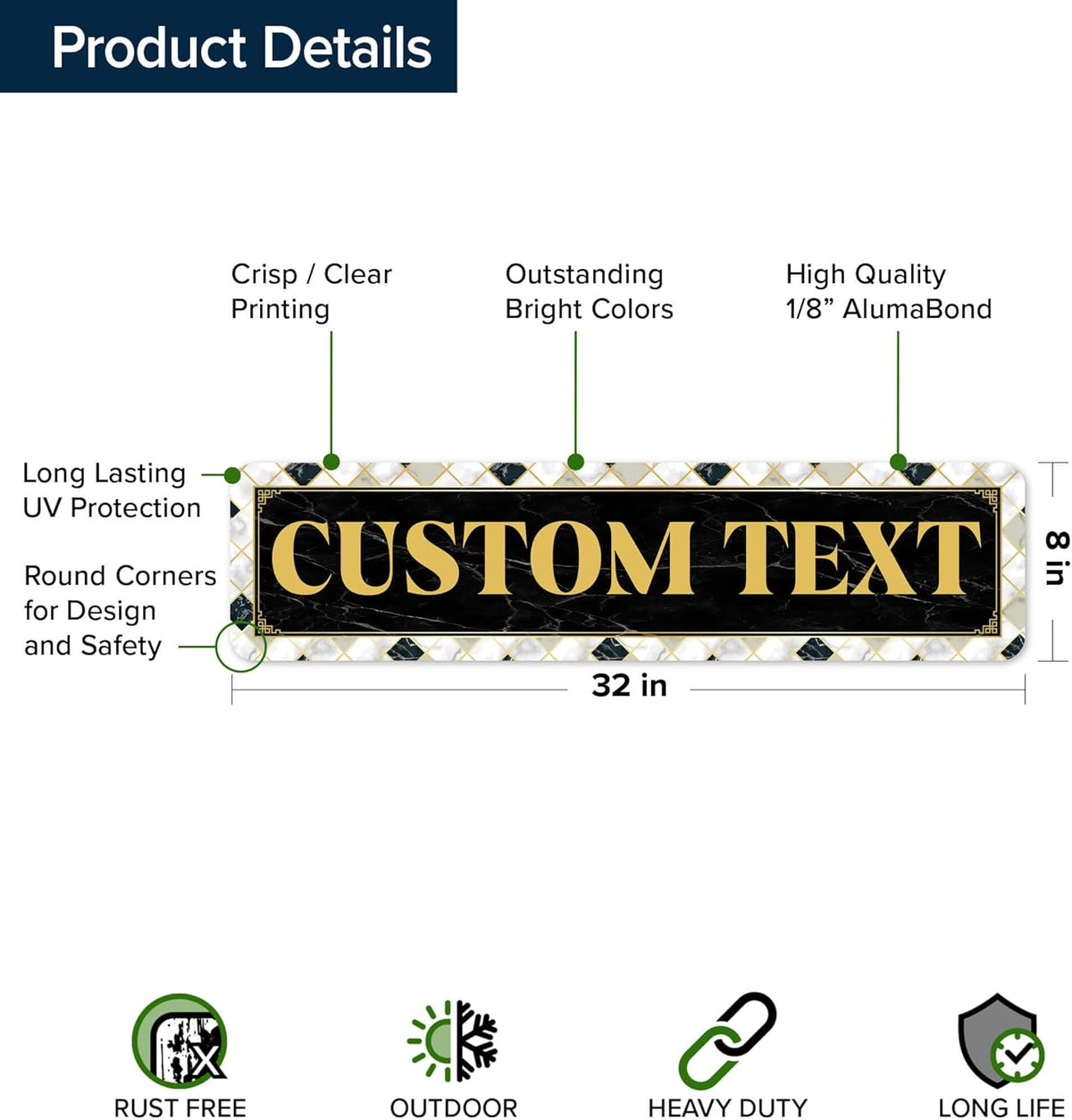 Custom Sign, Custom Street Sign, 11 Font Colors, 13 Font Styles, 4 Hole Options, 22 Sizes, 8x32