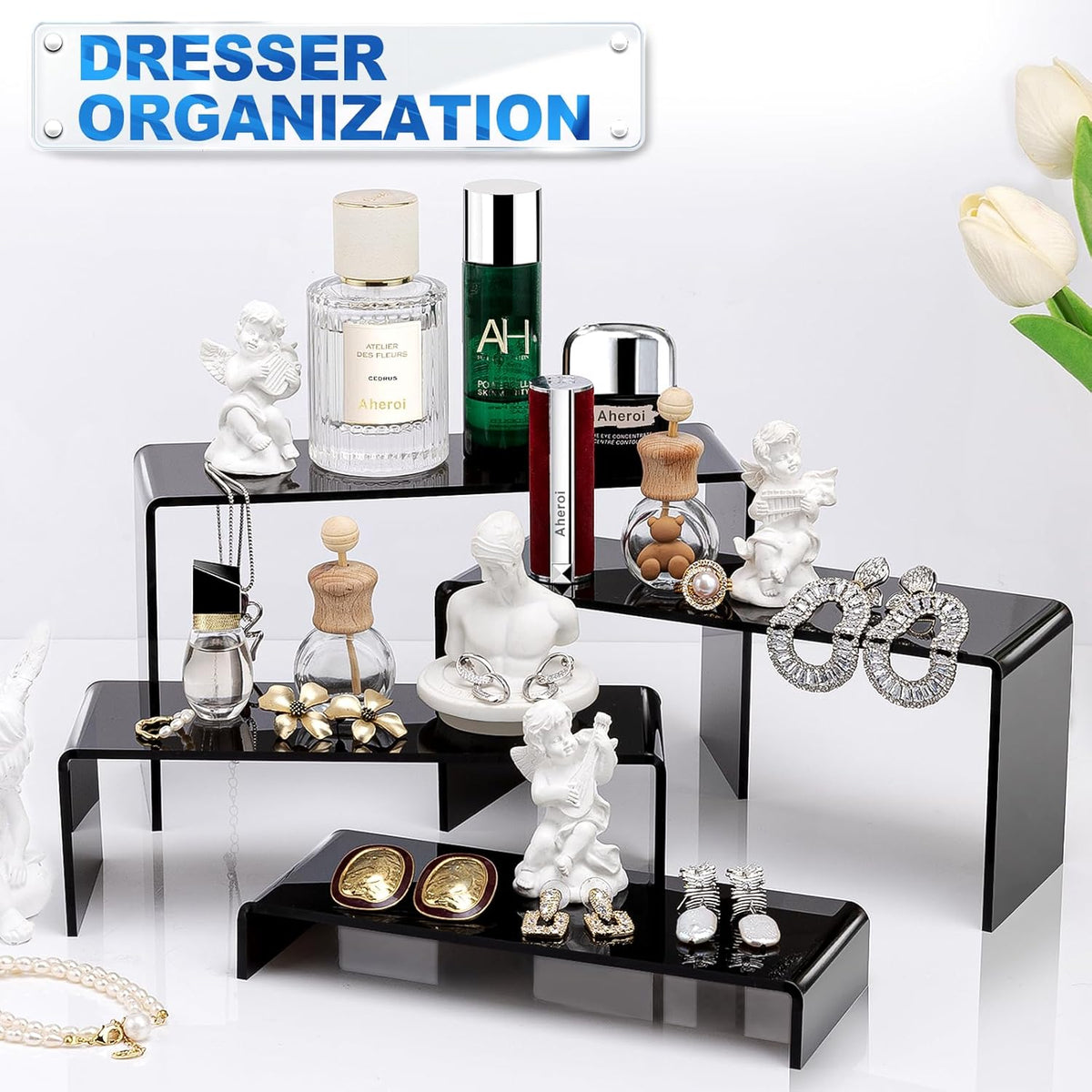 Aheroi Acrylic Risers, 8 Pcs 2 Set(7”L~8”L~9”L) Display Risers, Black Arylic Display Stands Acrylic