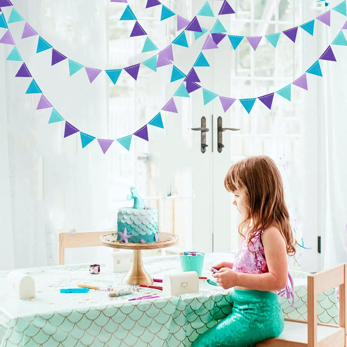 Mermaid Party Decorations Purple Teal Felt Hanging Triangle Mini Bunting Pennant Banner Flag for