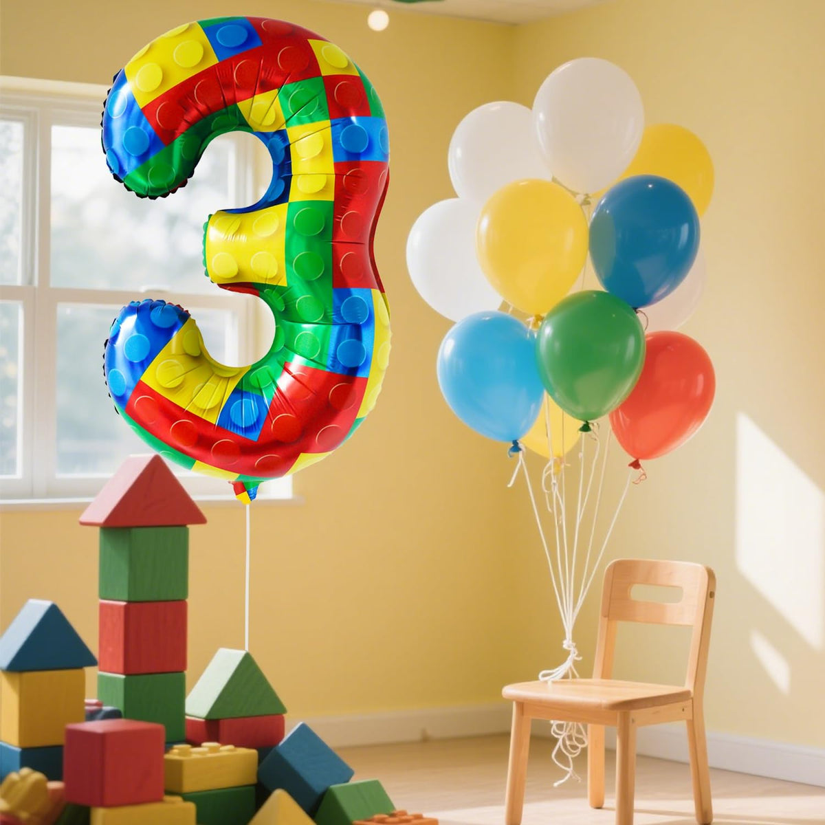 32 Inch Stackable Block Number 3 Balloon – Colorful Brick Building Themed Big Helium Digits for