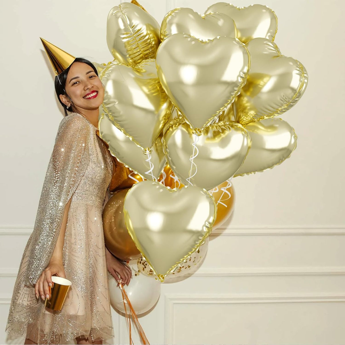 Pastel Gold Heart Balloons - 18 Inch Foil, 10 Pcs Love Balloons for Valentines Day, Birthday