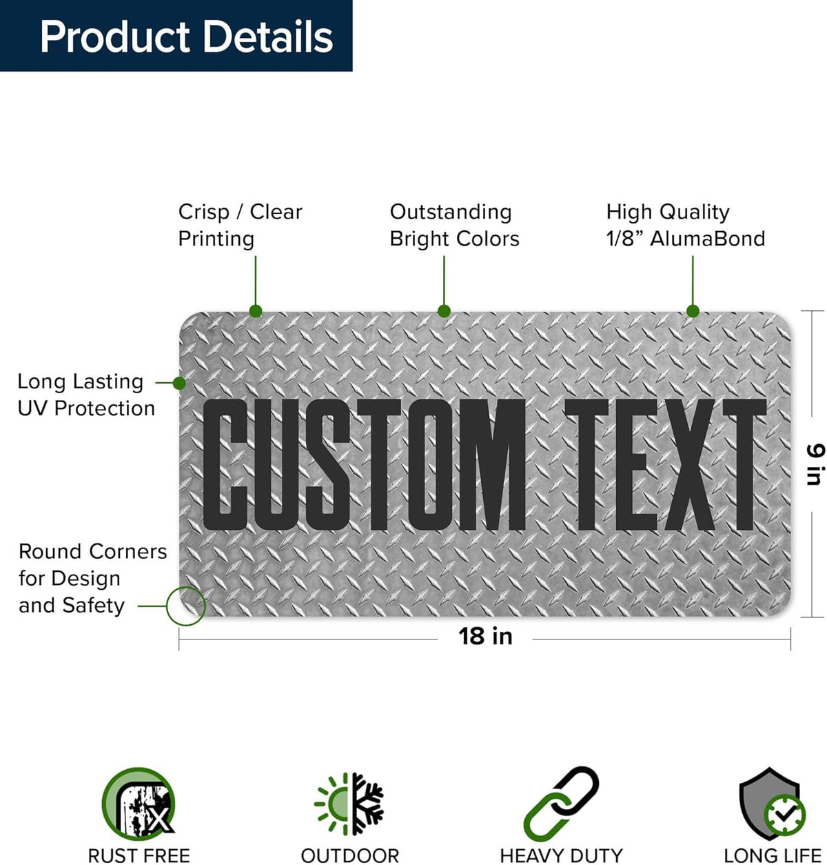 Custom Sign, Custom Street Sign, 11 Font Colors, 13 Font Styles, 4 Hole Options, 22 Sizes, 9x18