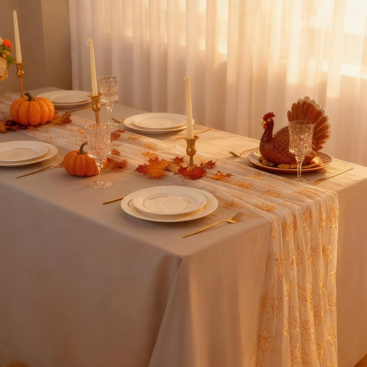 Snowkingdom Fall Table Runner, 10ft Gold Maple Leaves Gauze Chiffon Table Runners, Thanksgiving