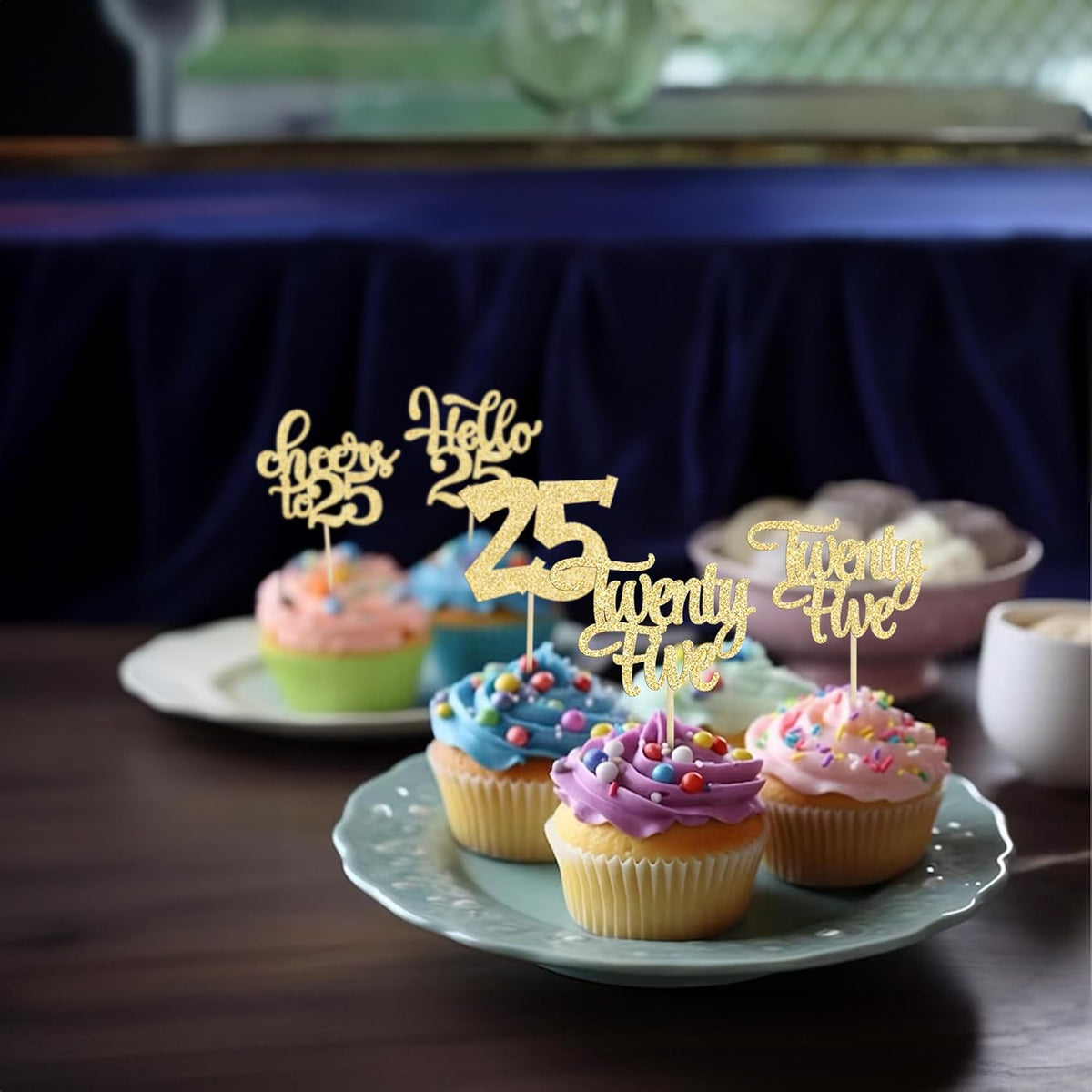 30pcs 25th Birthday Cupcake Toppers - 25th Anniversary Cake Decorations with Gold Glitter