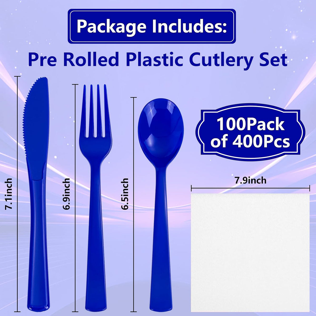 400PCS Pre Rolled Blue Plastic Silverware Sets - Heavy Duty Blue Cutlery - Include 100 Pack Wrapped