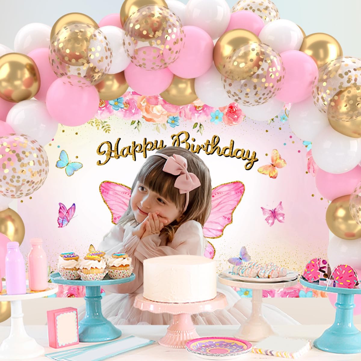 Patimate Pink Gold Confetti Balloons Set, 50 pcs 12 inch Metallic Gold Pastel Pink White Confetti