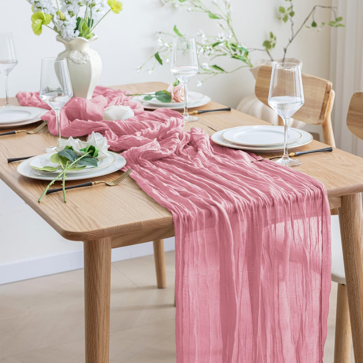 Asee'm 12pcs Cheesecloth Table Runner 120 Inches Long Pink Boho Gauze Cheese Cloth Runner 10FT