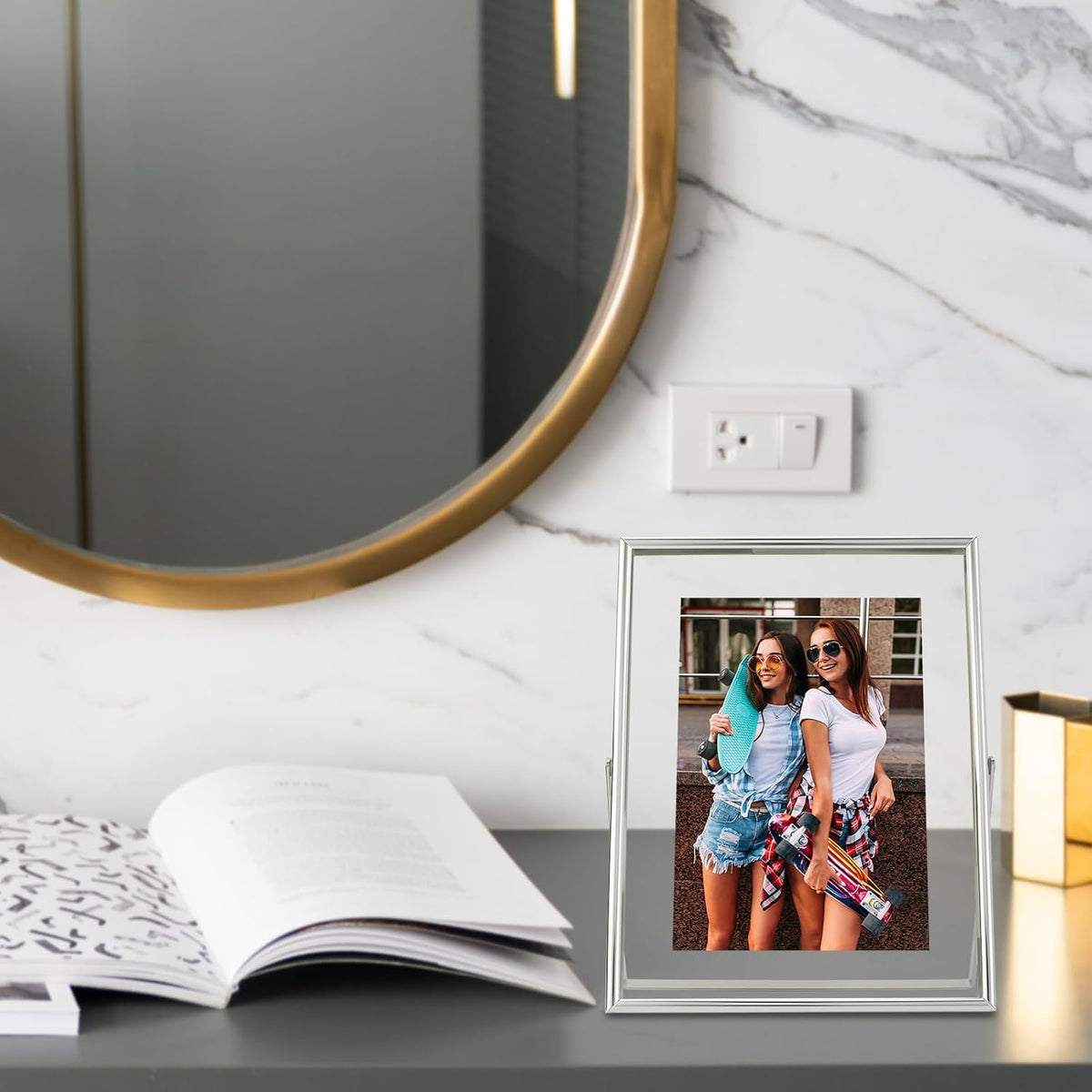 Silver Floating Frame (6"x8", Vertical), For Picture 5x7, 4x6, 3x5, Small Desktop Photo Frame