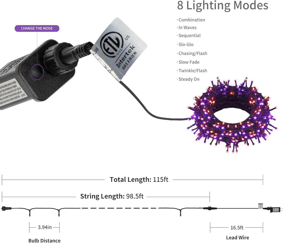 300 LED Halloween String Lights, 98.5FT with 8 Modes, Waterproof, Plug in for Indoor/Outdoor Party