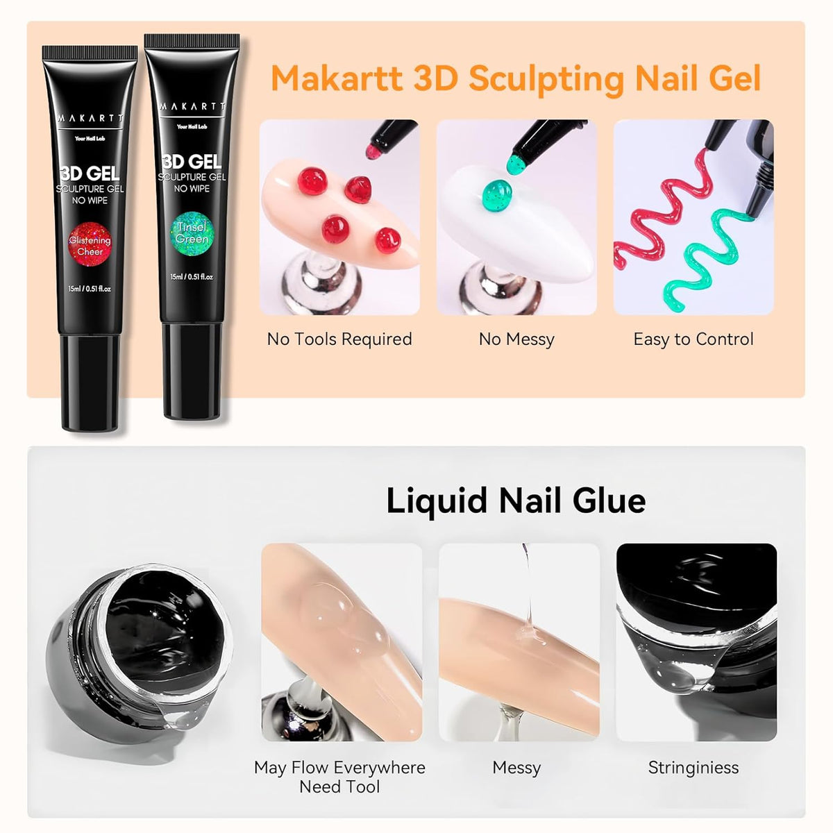 Makartt 3D Sculpting Gel for Nail Art Kit: 3D Nail Gel for Nail Art, 15ml No Wipe Polish for