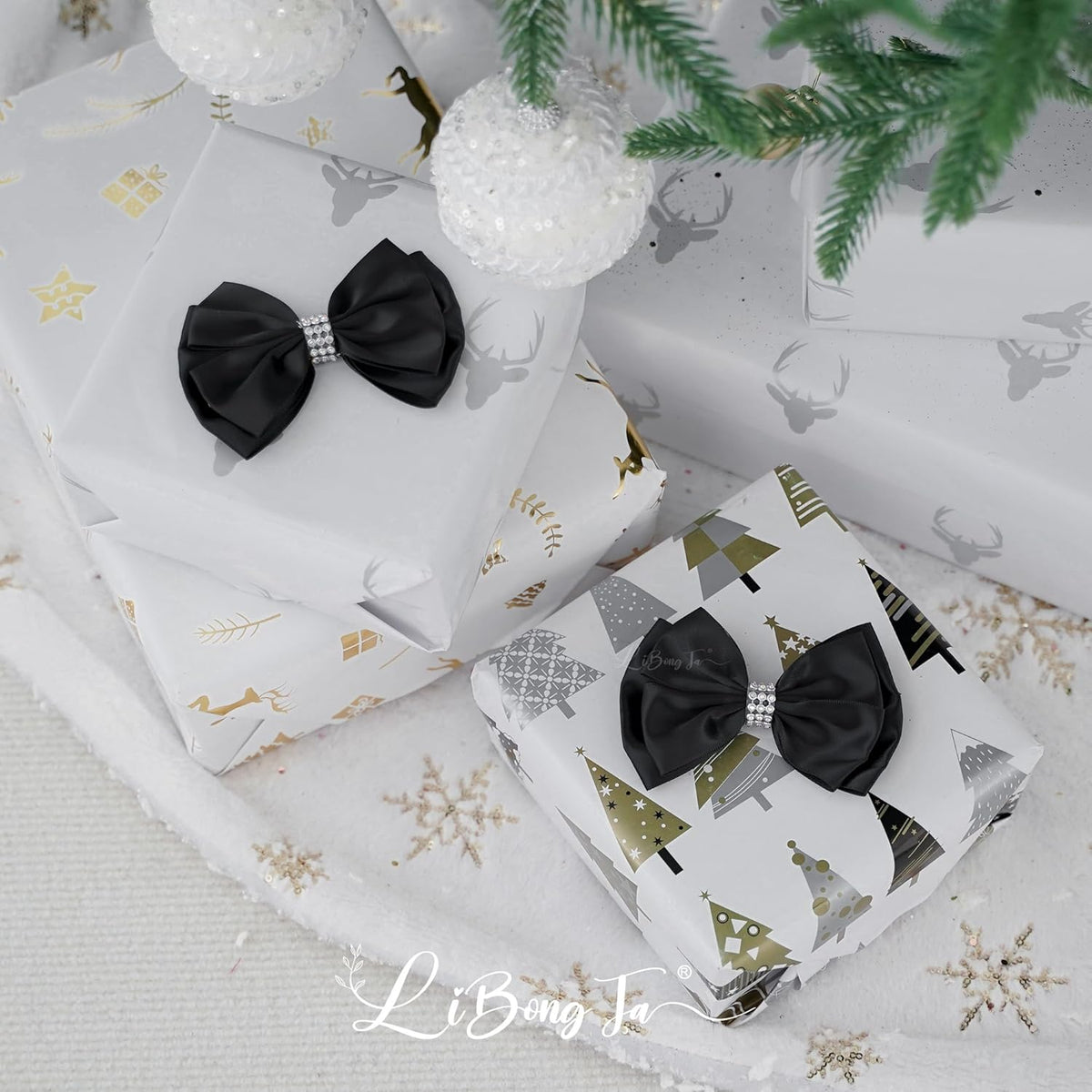Black Satin Bows 4'' Premade Black Ribbon Bows, Gift Bows with Rhinestone, Wrapping Bows for