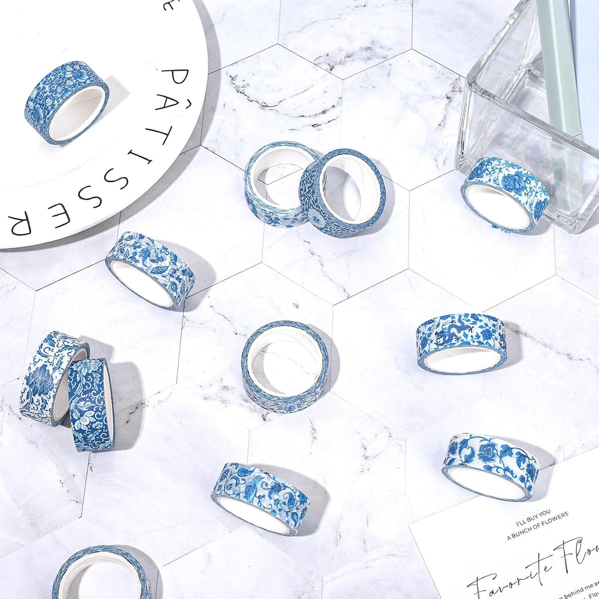 Whaline 12 Rolls Blue Floral Washi Tape Chinoiserie Flower Washi Tape Vintage Masking Decorative