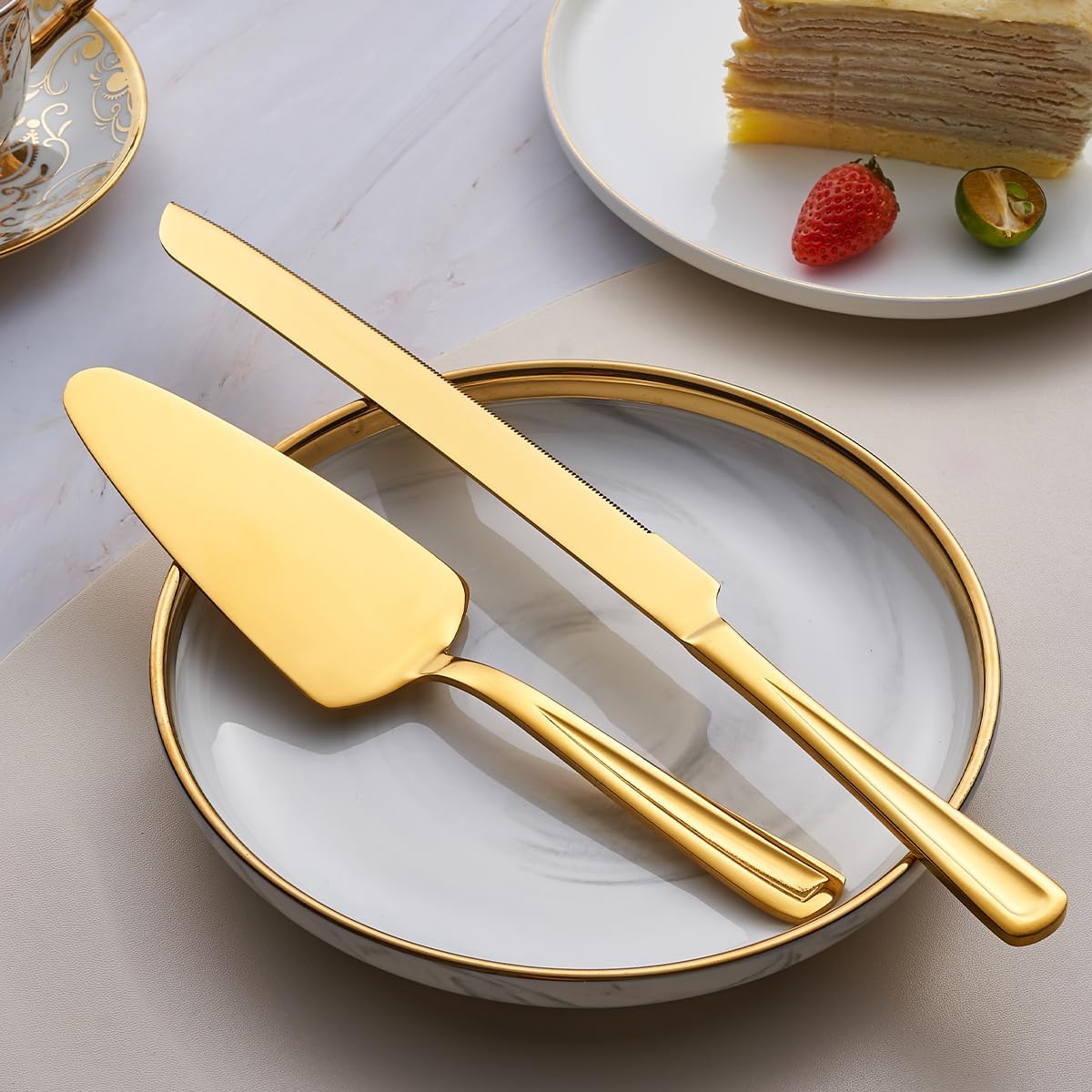GoGeiLi Gold Cake Knife and Server Set, 13-inch Stainless Steel Cake Cutting Set, Elegant Cake